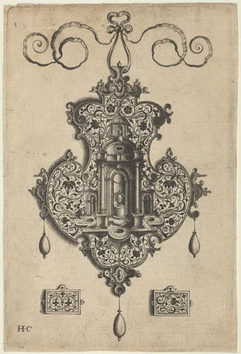 Pendant Design with Niche and a Vase with Two Handles Above Rectangular Ornaments by Jan Collaert, print, 1530-1573