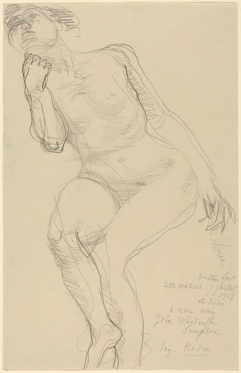 Seated Female Nude Leaning to the Left by Auguste Rodin, drawing, 1908