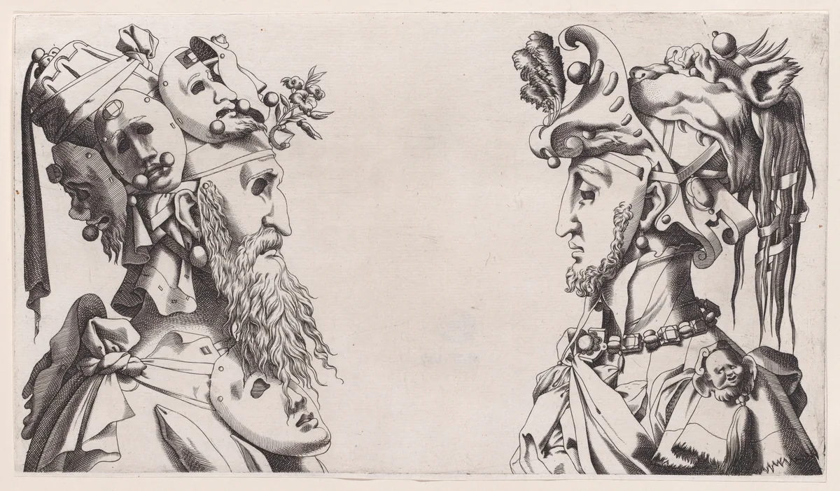 Two Fantastical Masked Masculine Heads by anonymous, print, 1525-1600