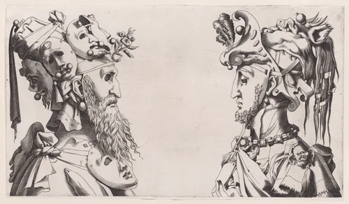 Two Fantastical Masked Masculine Heads by anonymous, print, 1525-1600