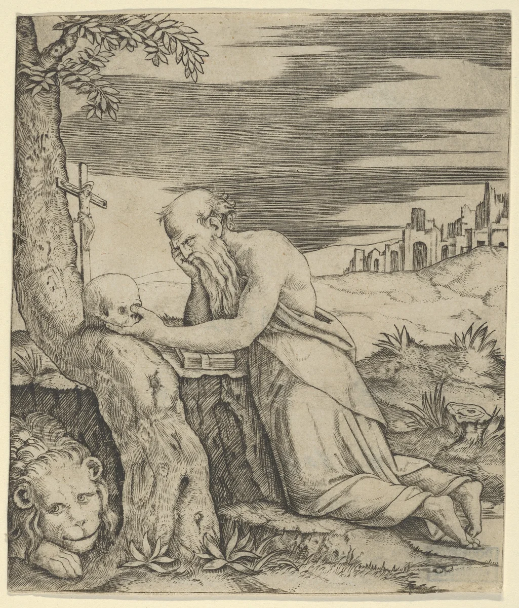 St Jerome kneeling before a crucifix, a skull in his left hand, a lion laying at the left by Marcantonio Raimondi, print, 1495-1532