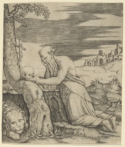 St Jerome kneeling before a crucifix, a skull in his left hand, a lion laying at the left by Marcantonio Raimondi, print, 1495-1532
