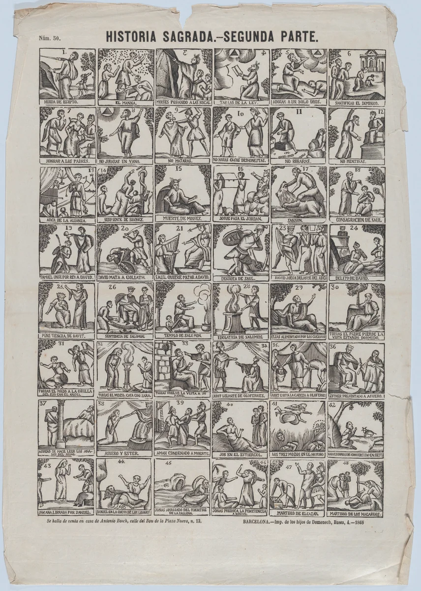 Broadside with 48 scenes illustrating passages of holy scripture (Part II) by Antonio Bosch, print, 1868