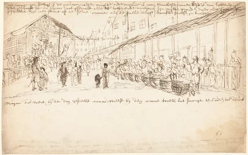 Straat in Batavia met markt en een theatervoorstelling by Wouter Schouten, drawing, 1660