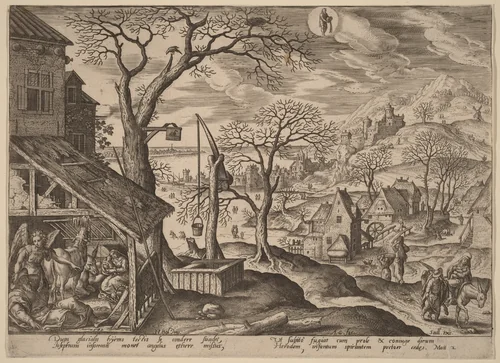 The Angel Telling Joseph to Flee and the Flight into Egypt by Adriaen Collaert
Hans Bol
Jan Sadeler I, print, 1585