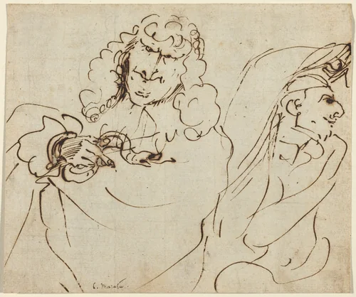 Caricature with Mola Protecting Himself from a Man Holding a Viper by Pier Francesco Mola, drawing, 1612-1666
