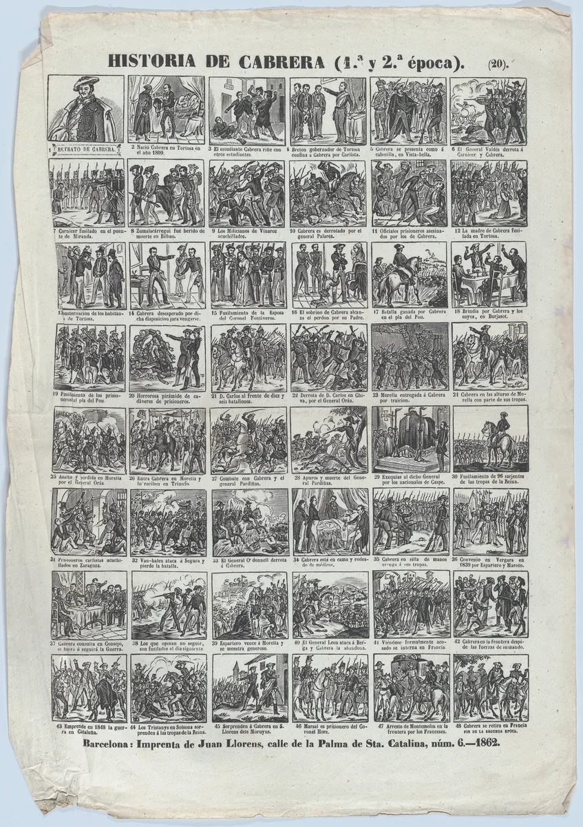 Broadside with 48 scenes relating to the life of the Carlist General of Spain, Ramon Cabrera y Griñó by José Noguera, print, 1862