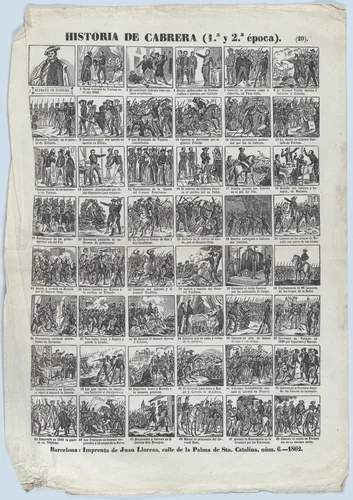 Broadside with 48 scenes relating to the life of the Carlist General of Spain, Ramon Cabrera y Griñó by José Noguera, print, 1862