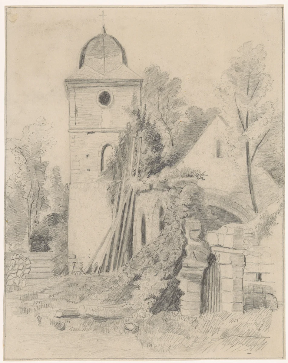 Kerk tussen bomen by anonymous, drawing, 1800-1900