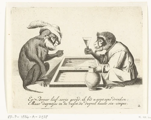 Twee apen spelen triktrak by anonymous, print, 1635-1724