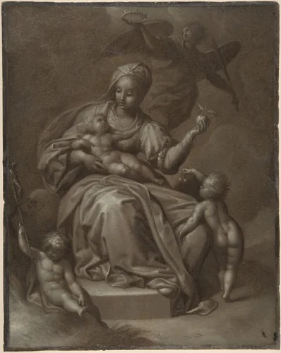 Virgin and Child, and Saint John the Baptist (recto); Summary sketches, possibly the Virgin and Child (verso) by Jacob de Backer, drawing, 1575-1595
