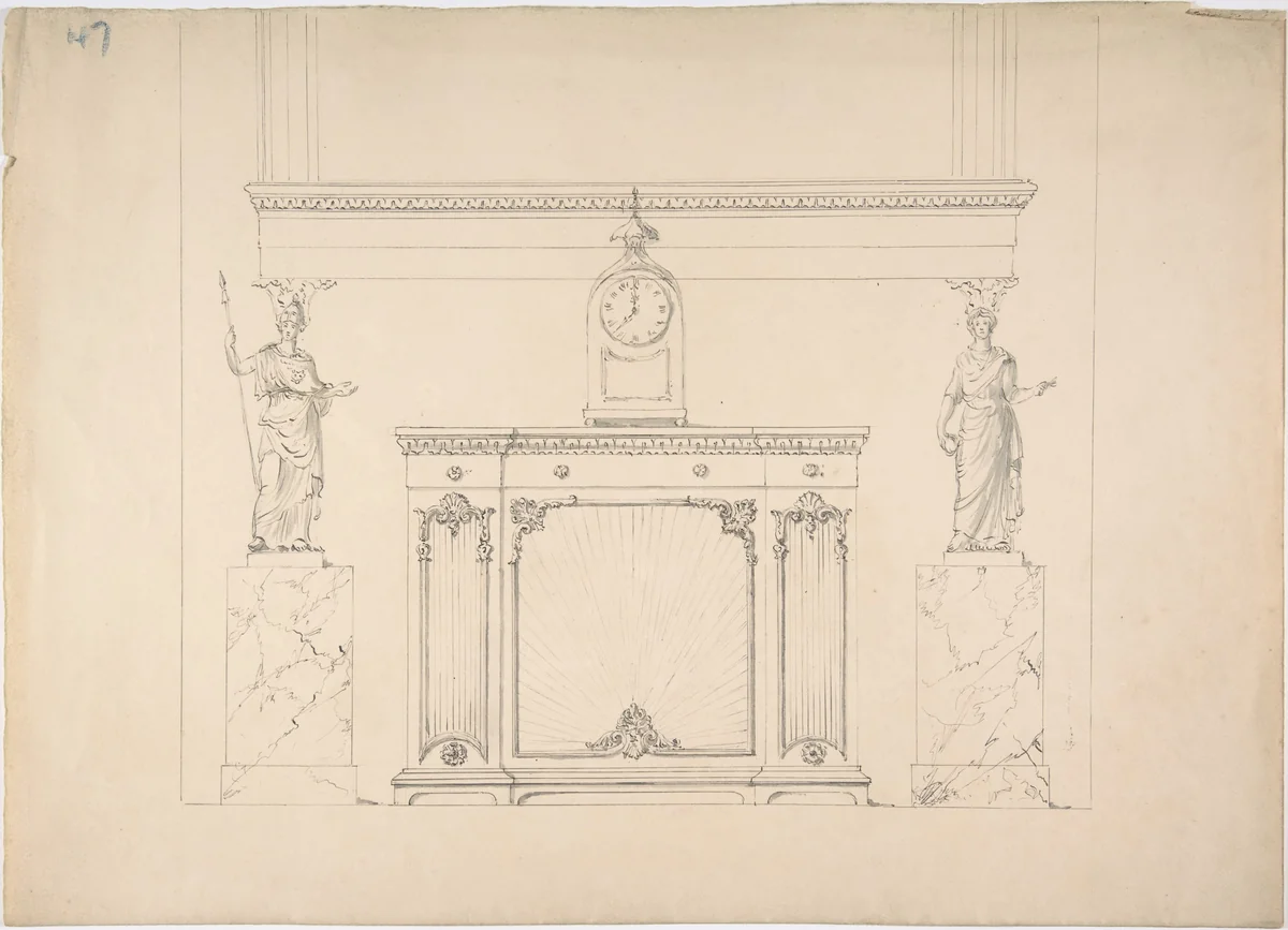 Design for a Cabinet with Inset Fabric Panels, and Two Female Classical Statues on Marble Pedestals by anonymous, drawing, 1800-1850