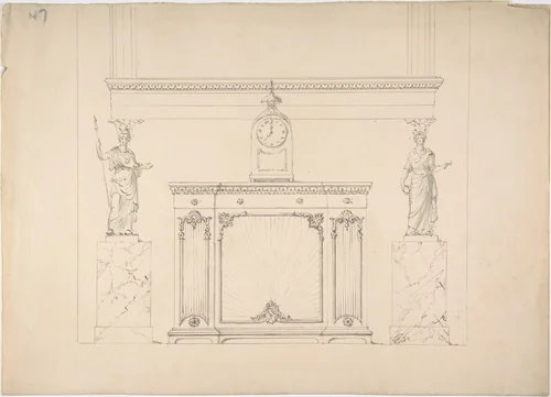 Design for a Cabinet with Inset Fabric Panels, and Two Female Classical Statues on Marble Pedestals by anonymous, drawing, 1800-1850