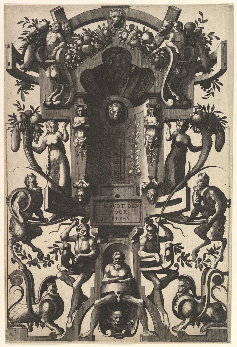 Niche in the Form of a Cartouche from the series Veelderleij niewe inuentien van antijcksche sepultueren, diemen nou zeere ghebruijkende is met noch zeer fraeije grotissen en[de] Compertimenten zeer beqwame voer beeltsniders antijcksniders schilders en[de] all Constenaers...Libro Secundo by Johannes van Doetecum, print, 1557