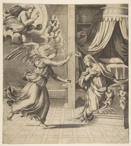 The Annunciation; the archangel Gabriel at left approaching the Virgin kneeling in prayer at right, God the Father in the upper left by Marco Dente, print, 1510-1532