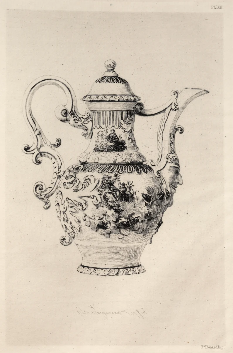 History of the Ceramic Art: A Descriptive and Philosophical Study of the Pottery of All Ages and All Nations: Saxony: Dresden- Hard Porcelain- Ewer in Relief, with Figures in Violet Cámaïeu (Plate XII) by Jules Jacquemart, book, 1877