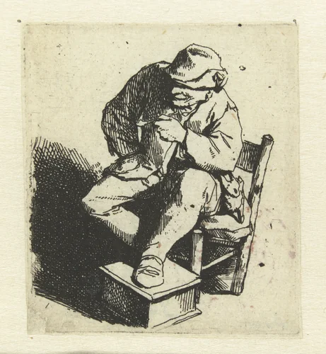 Zittende boer met pijp in linkerhand by Cornelis Pietersz. Bega, print, 1642-1664