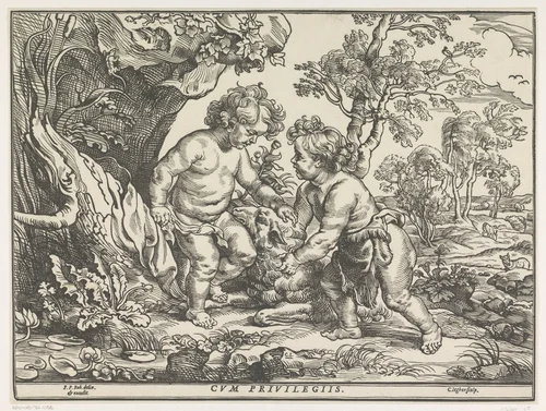 Christuskind en Johannes de Doper spelend met het lam by Unknown, print, 1587-1640