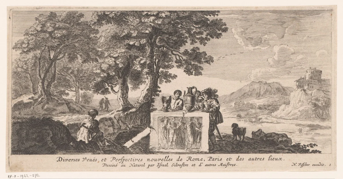 Titelprent met figuren bij een altaar met twee gebroken vazen in een rivierlandschap by Claude Goyrand, print, 1630-1662