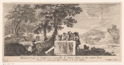 Titelprent met figuren bij een altaar met twee gebroken vazen in een rivierlandschap by Claude Goyrand, print, 1630-1662