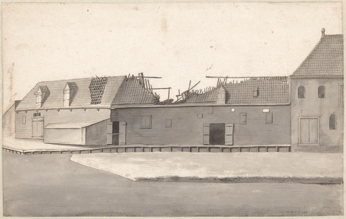 Uitgebrande brandewijn branderij by Jan van der Heyden, drawing, 1685