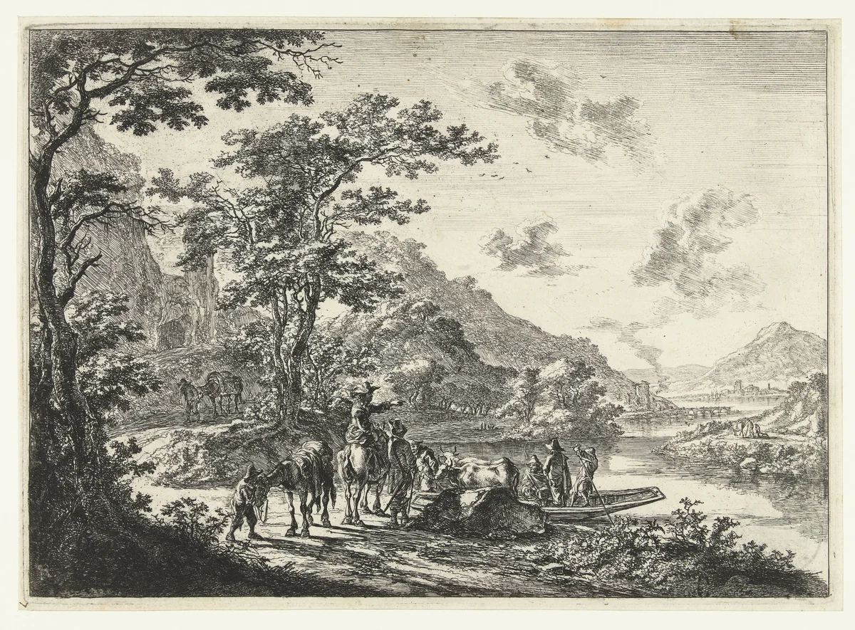 Landschap met veerpont en wachtende reizigers aan oever van de Tiber by Jan Both, print, 1642-1652