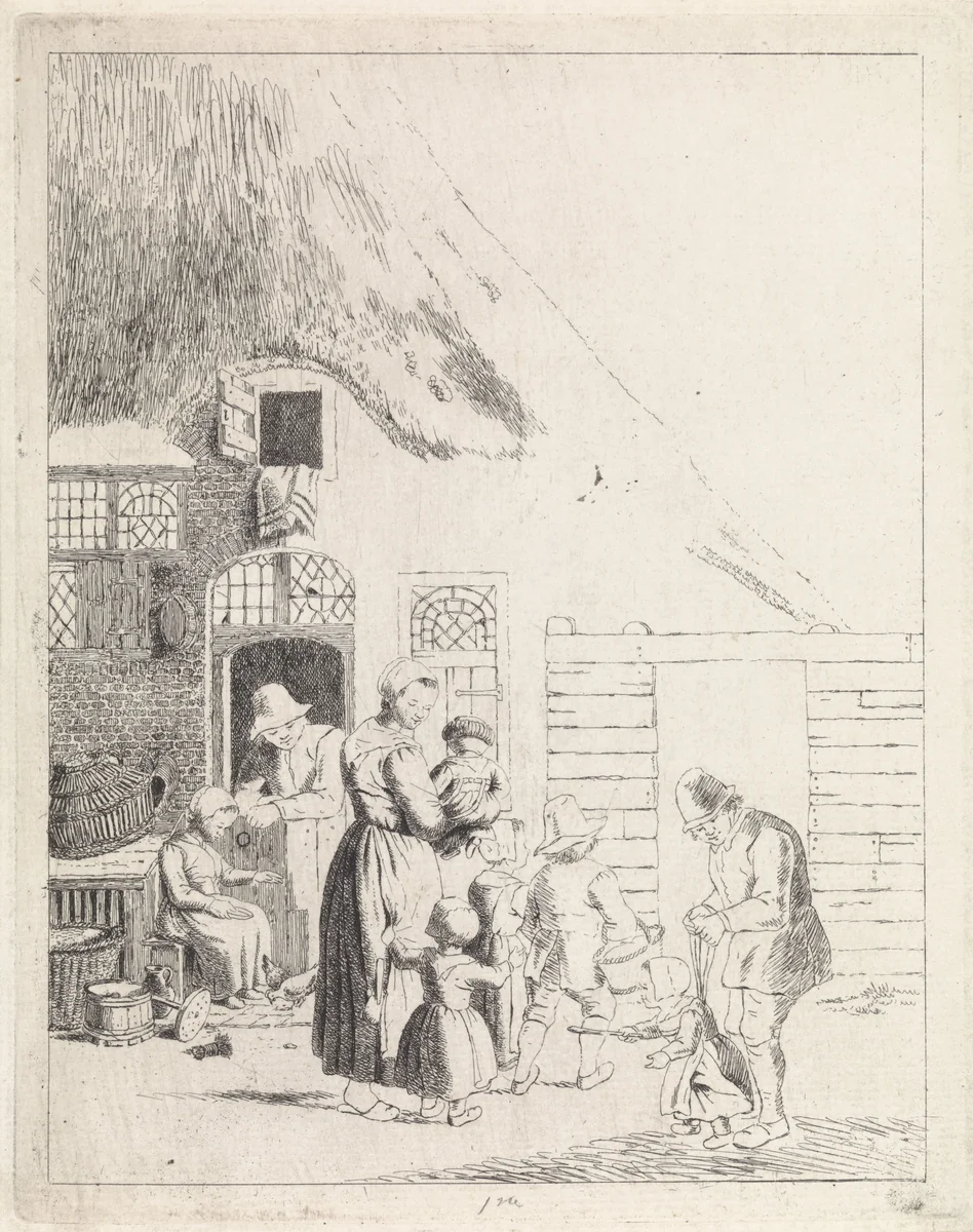 Boeren en kinderen bij boerderij by Johannes Christiaan Janson, print, 1778-1823