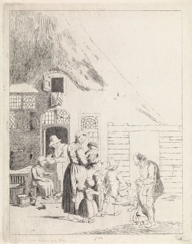 Boeren en kinderen bij boerderij by Johannes Christiaan Janson, print, 1778-1823