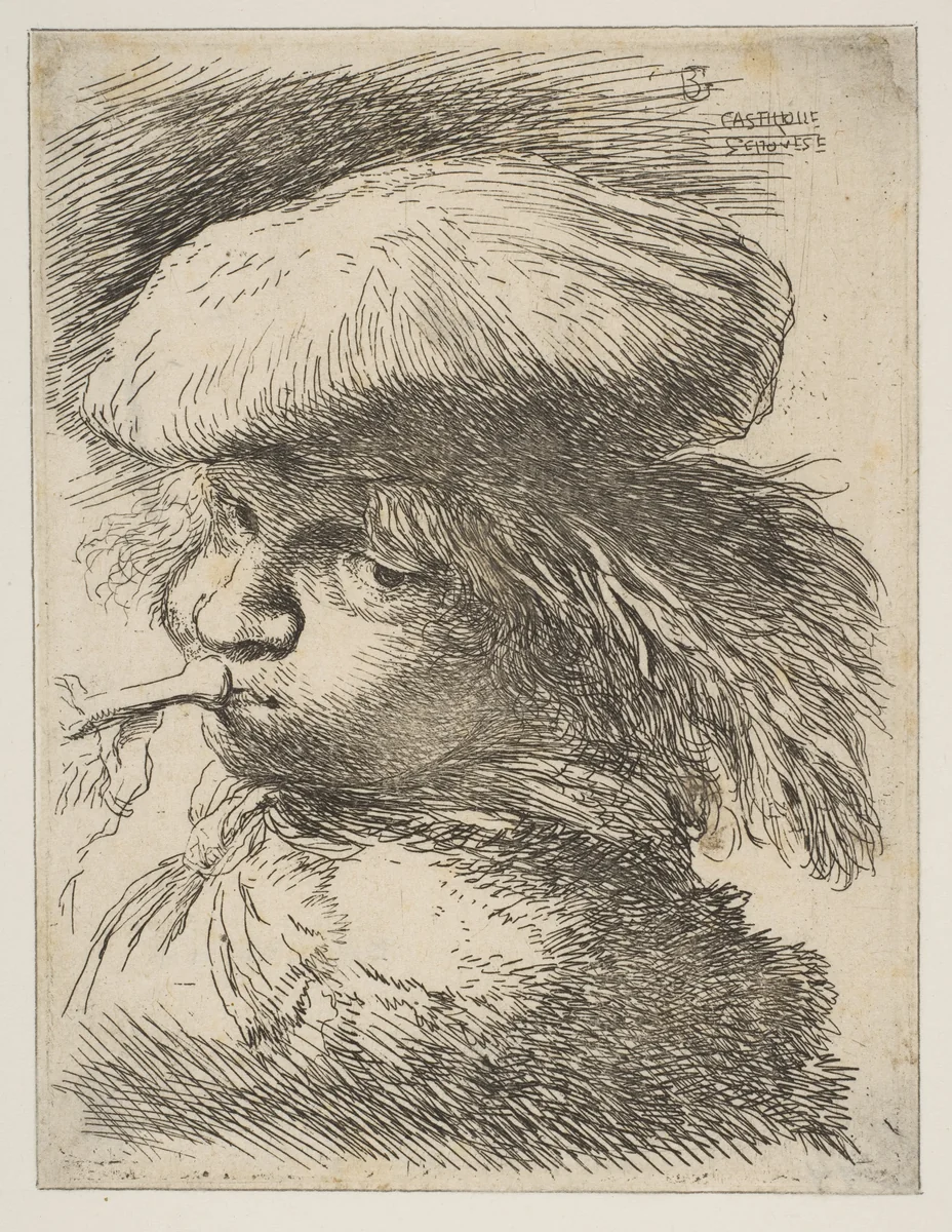 Young man with a trumpet facing left, from "Small Heads in Oriental Headdress" by Giovanni Benedetto Castiglione, print, 1640-1655