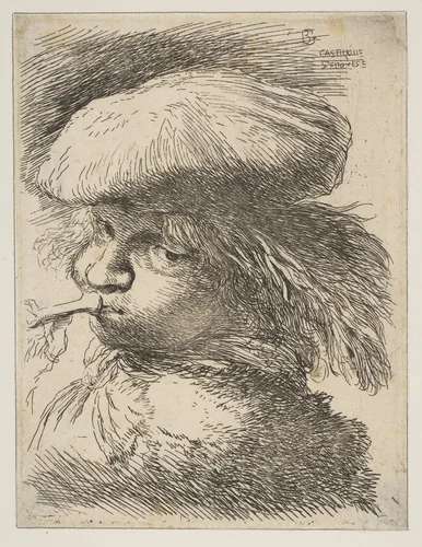 Young man with a trumpet facing left, from "Small Heads in Oriental Headdress" by Giovanni Benedetto Castiglione, print, 1640-1655