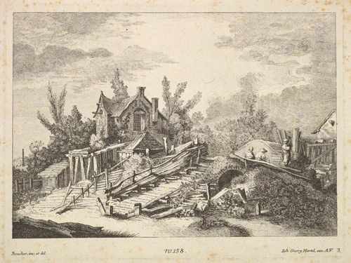 A Landscape with a Home and Three Men on a Bridge by Johann Georg Hertel, print, 1720-1800