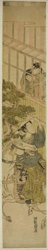 Young Man on Horseback and Two Women Watching from a Window by Isoda Koryusai, print, 1765-1775
