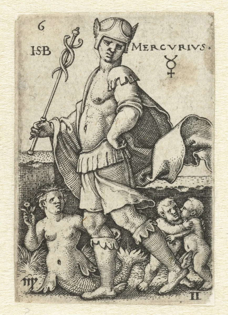 Mercurius met sterrenbeelden Maagd en Tweelingen by Unknown, print, 1539