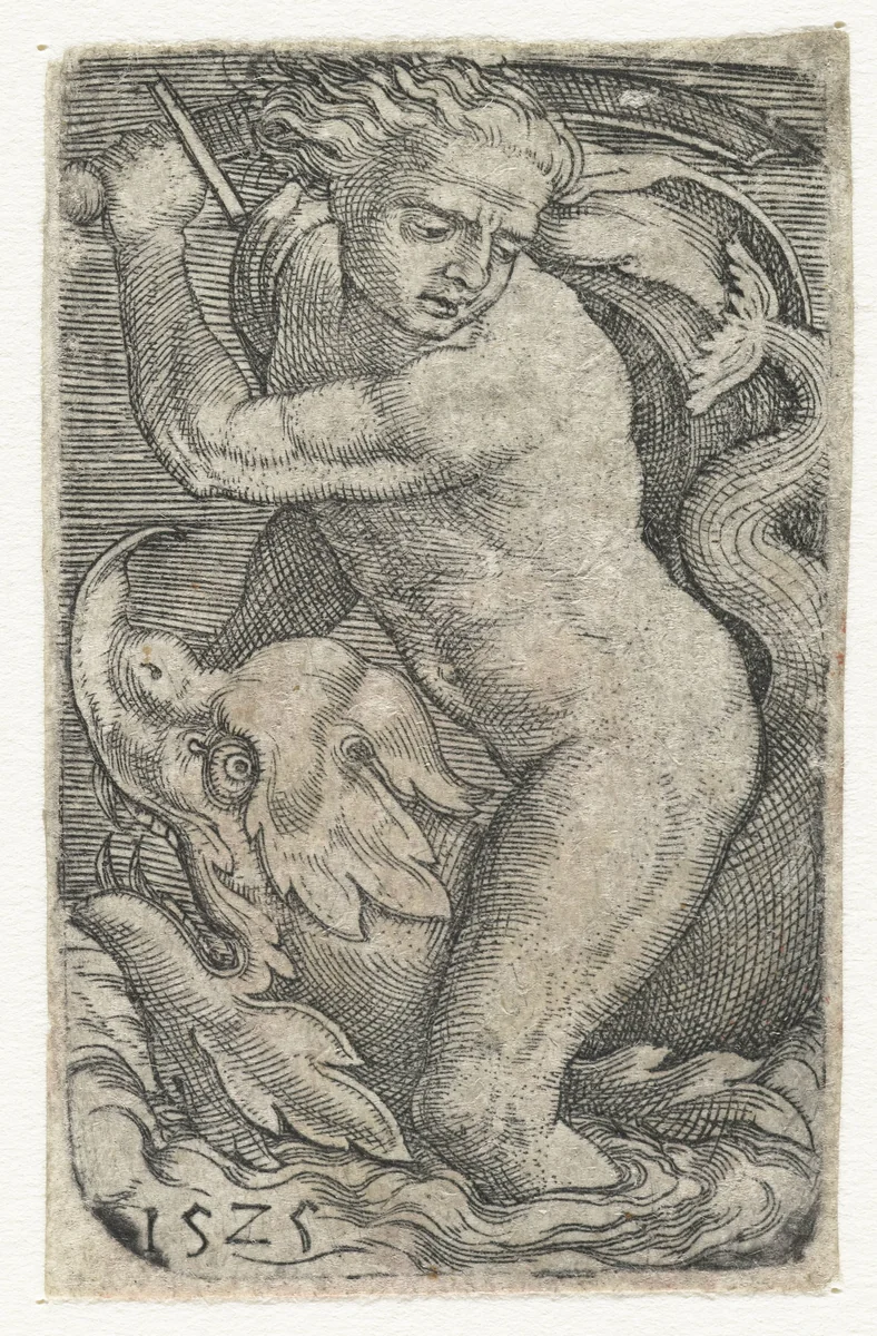 Zeegod op dolfijn by Barthel Beham, print, 1525