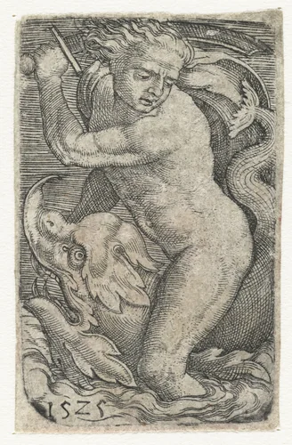 Zeegod op dolfijn by Barthel Beham, print, 1525