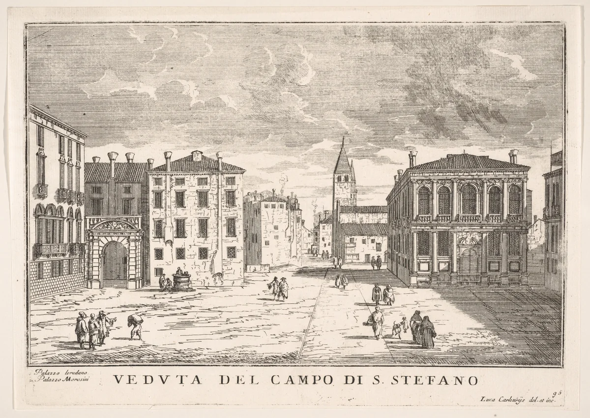 Plate 95: View of Campo Santo Stefano with the Loredan Palace and Morosini Palace, Venice, 1703, from "The buildings and views of Venice" (Le fabriche e vedute di Venezia) by Luca Carlevaris, print, 1703