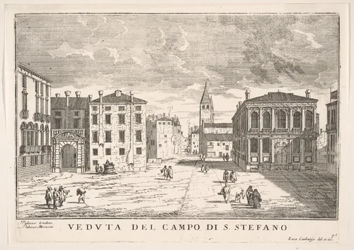 Plate 95: View of Campo Santo Stefano with the Loredan Palace and Morosini Palace, Venice, 1703, from "The buildings and views of Venice" (Le fabriche e vedute di Venezia) by Luca Carlevaris, print, 1703
