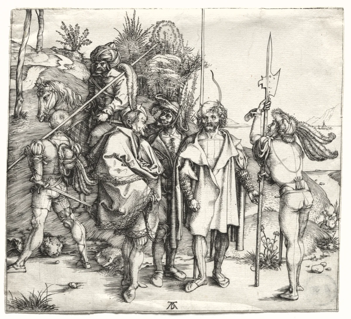 Five Soldiers and a Turk on Horseback by Albrecht Dürer, print, 1496