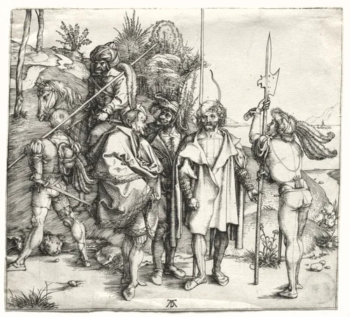 Five Soldiers and a Turk on Horseback by Albrecht Dürer, print, 1496