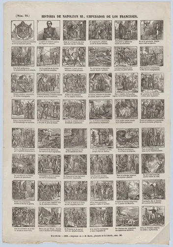 Broadside with 48 scenes depicting episodes from the life of Napoleon II by José María Marés, print, 1862