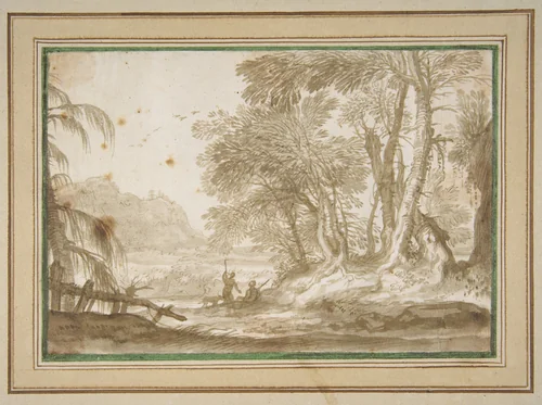 Wooded Landscape with Two Figures by Domenico Piola, drawing, 1627-1703