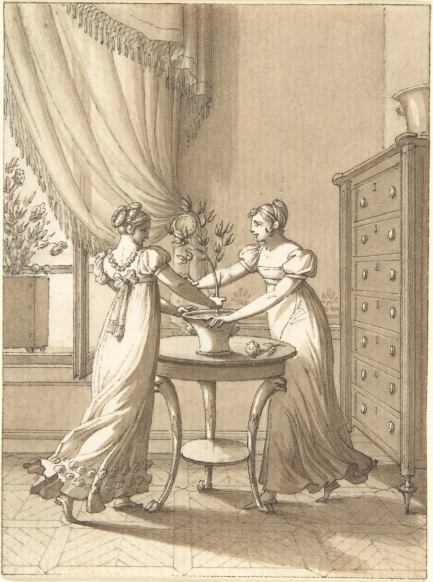 Design for a Book Illustration: Two Women Dancing around a Plant by anonymous, drawing, 1800-1900