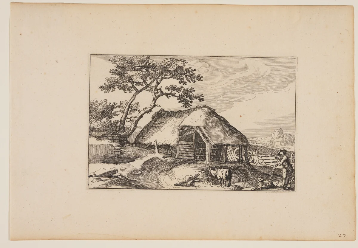 Barn, Herd Resting on his Stick in Right Foreground, from Landscapes (Verscheyden aerdige Lanthuysen...) by Claes Jansz Visscher, print, 1620