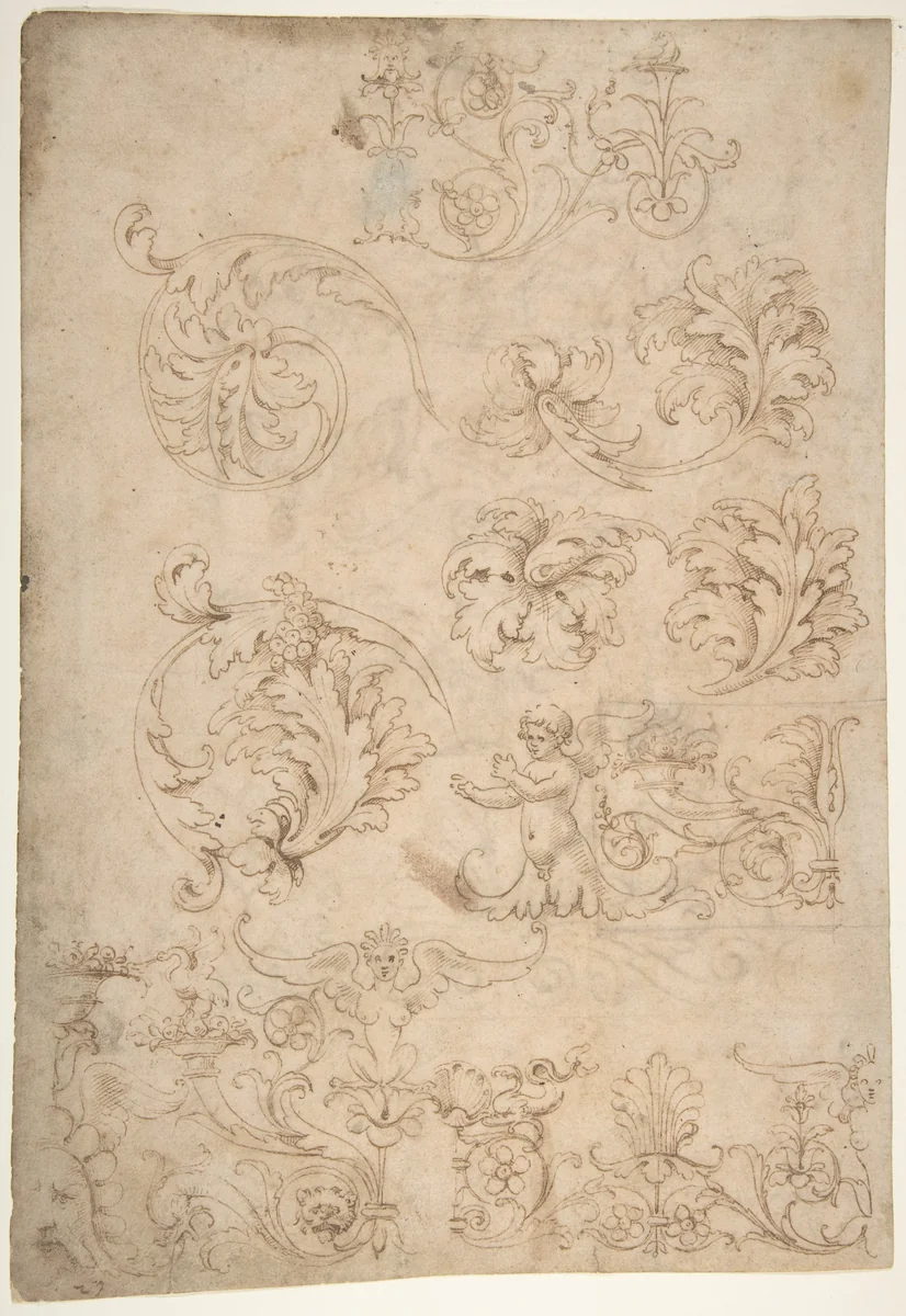 Sketchbook Sheet of Ornamental Studies, (recto and verso) by Giovanni da Udine, drawing, 1487-1564