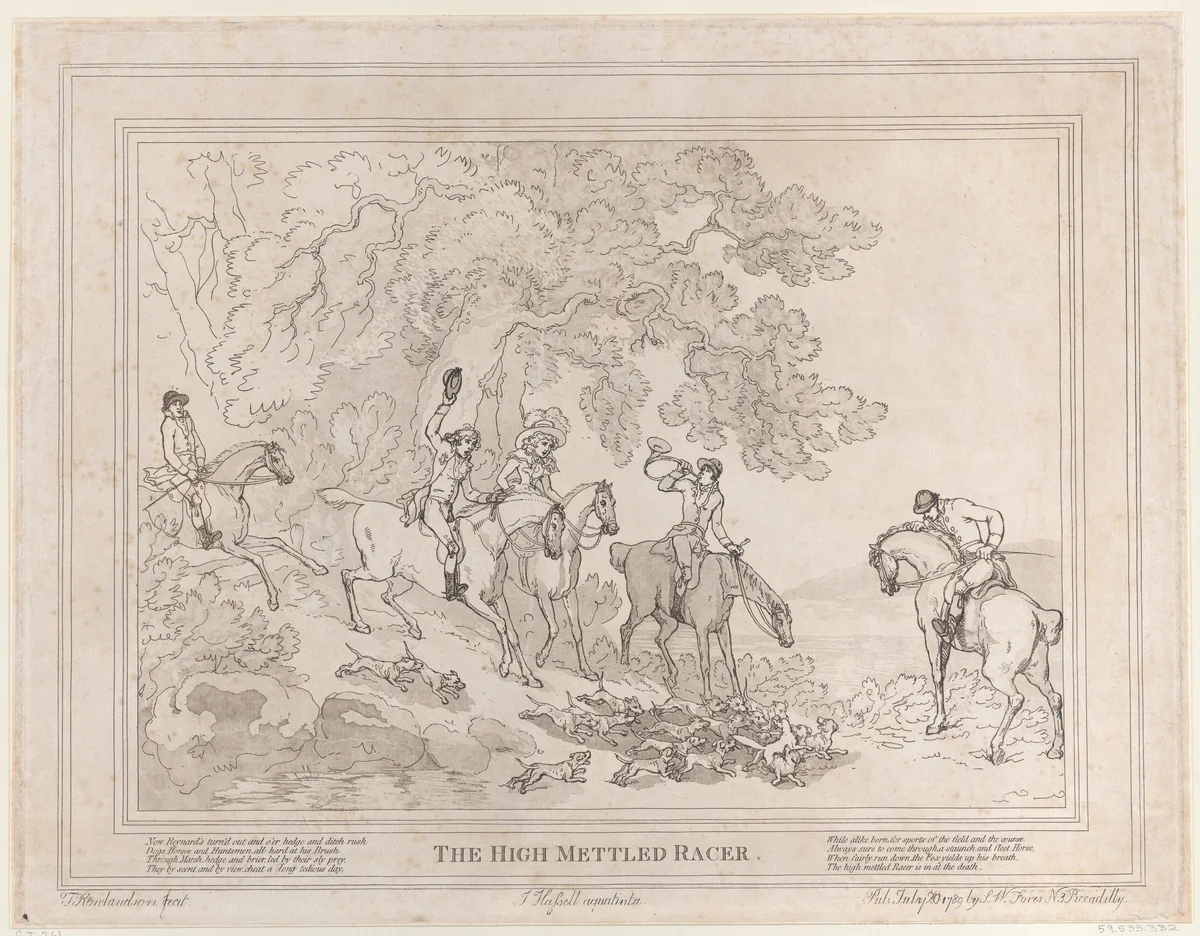 The Hunter (from The Life of a Racehorse, or The High-Mettled Racer) by Thomas Rowlandson, print, 1789