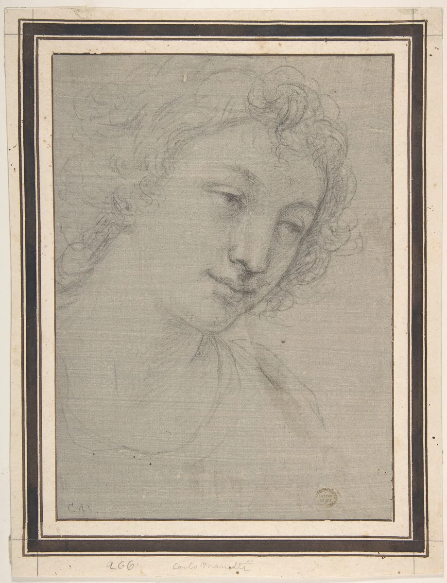 Figure of Young Man or Woman in Bust-length, in Three-Quarter View by Carlo Maratti, drawing, 1700-1713