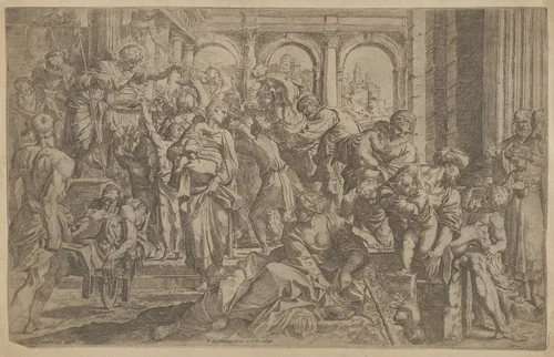 Saint Roch at left distributing alms to a group of people gathered around him, after Annibale Caracci by Francesco Brizio, print, 1602-1612