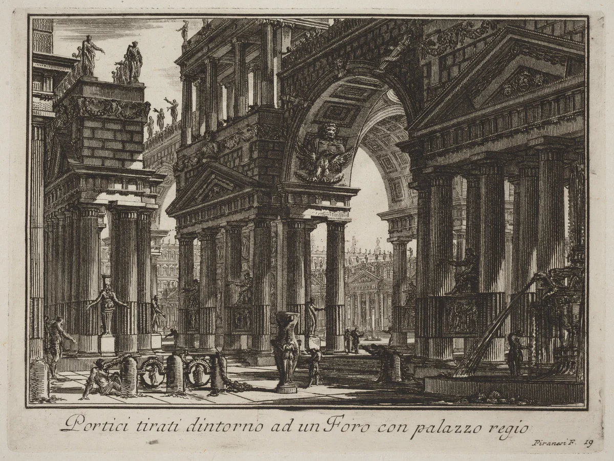 Portici tirati dintorno ad un Foro con palazzo regio by Giovanni Battista Piranesi, print, 1750