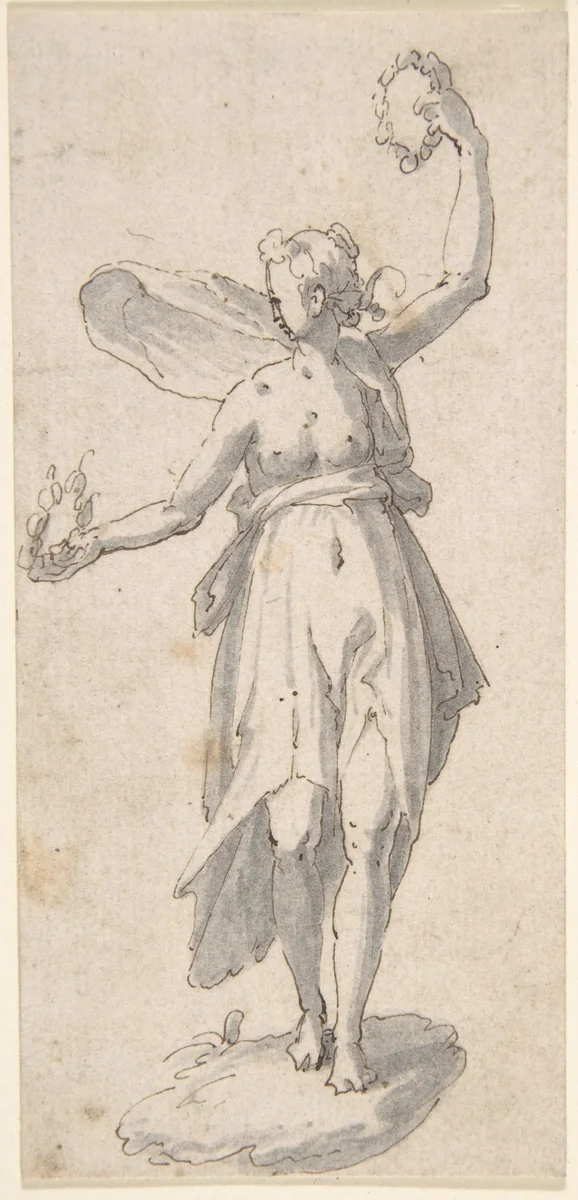 Female Figure Holding Wreaths by anonymous, drawing, 1600-1699