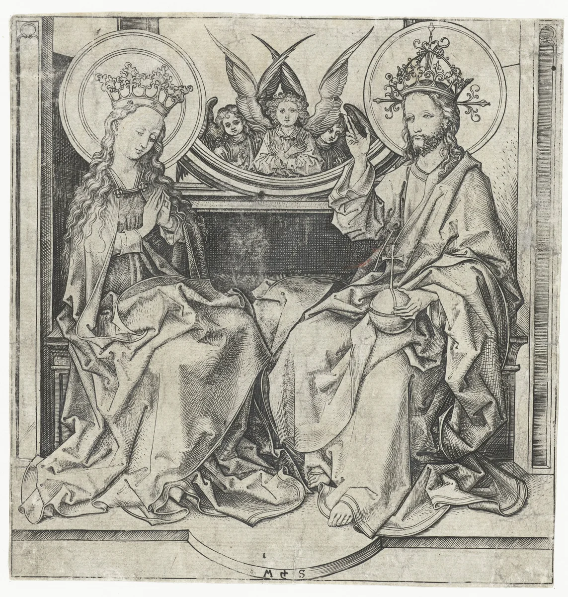 Christus zegent Maria by Unknown, print, 1470-1491